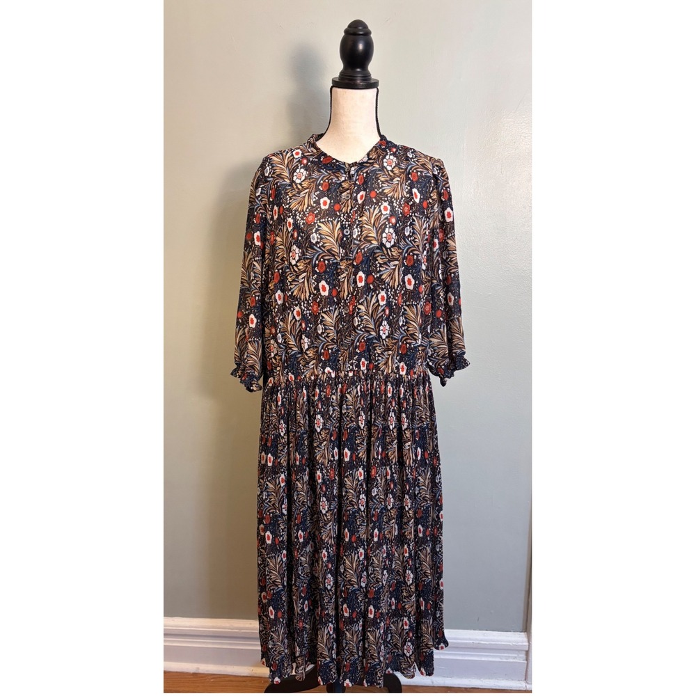 eShakti Floral Midi Dress 3X 26W Cottagecore Boho Pleated Autumn Fall Colors
